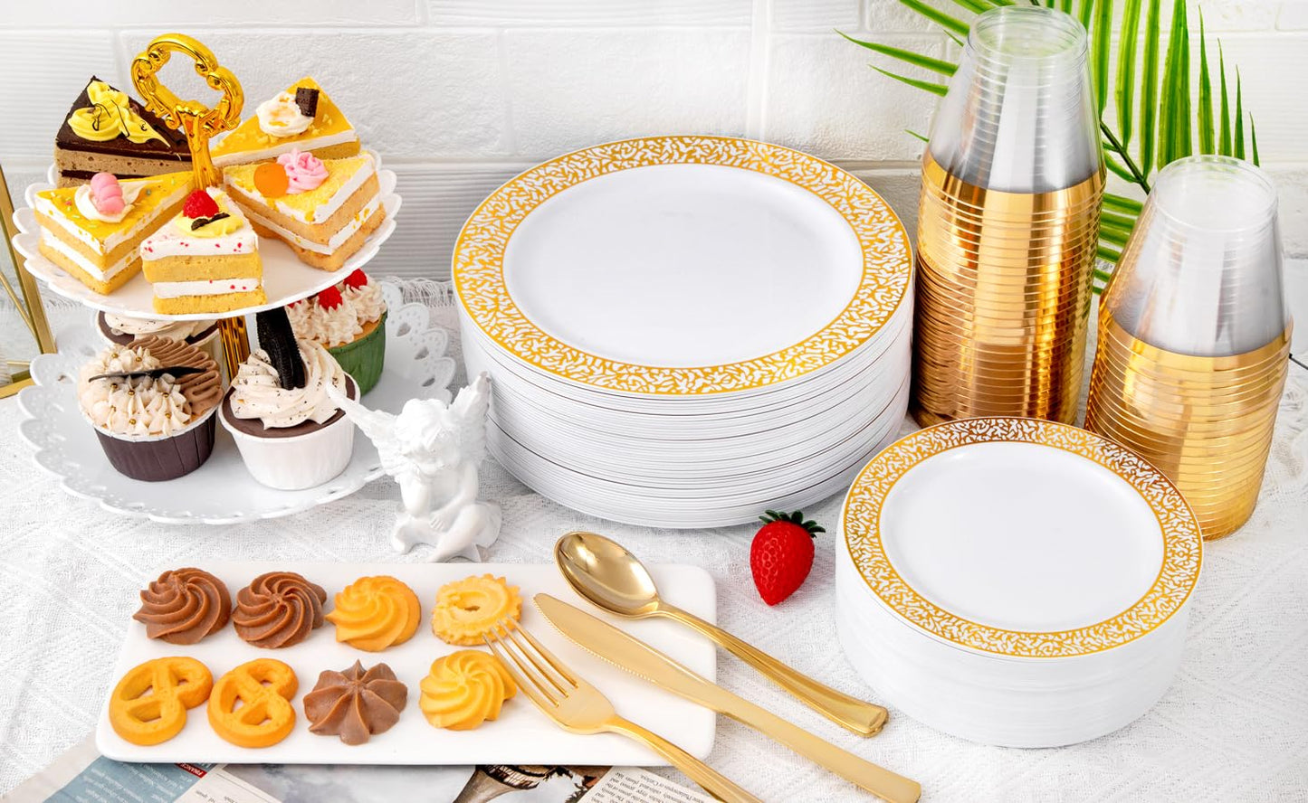 GATHER 300Pcs Gold Plates-Gold Plastic Dinnerware for 50 Guests-Disposable Lace Plates for Party Include: 100 Gold Plastic Plates Disposable, 50 Gold Silverware, 50 Cup for Mother's Day