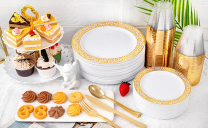 GATHER 300Pcs Gold Plates-Gold Plastic Dinnerware for 50 Guests-Disposable Lace Plates for Party Include: 100 Gold Plastic Plates Disposable, 50 Gold Silverware, 50 Cup for Mother's Day