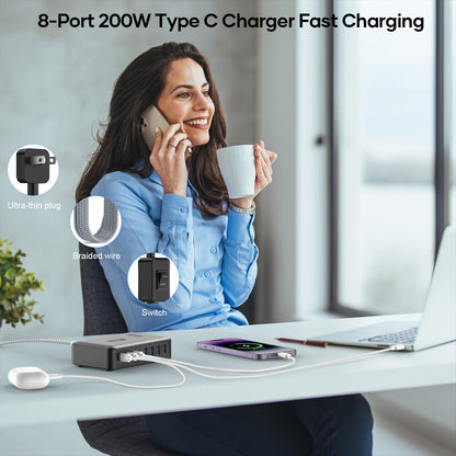 200W USB C Fast Charger Station with 8 Ports