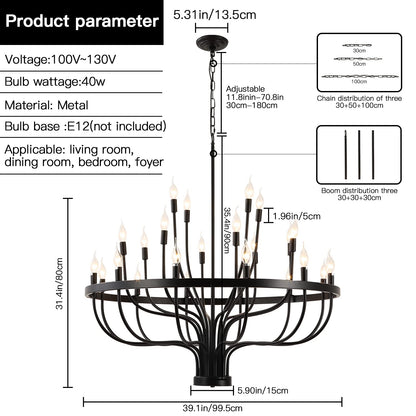 Peonacy Black Farmhouse Chandelier 24 Light, Large Modern Candle Industrial Round Iron Chandeliers Wagon Wheel Chandelier 39 inch for Dining Room Living Room High Ceilings Foyer Entryway