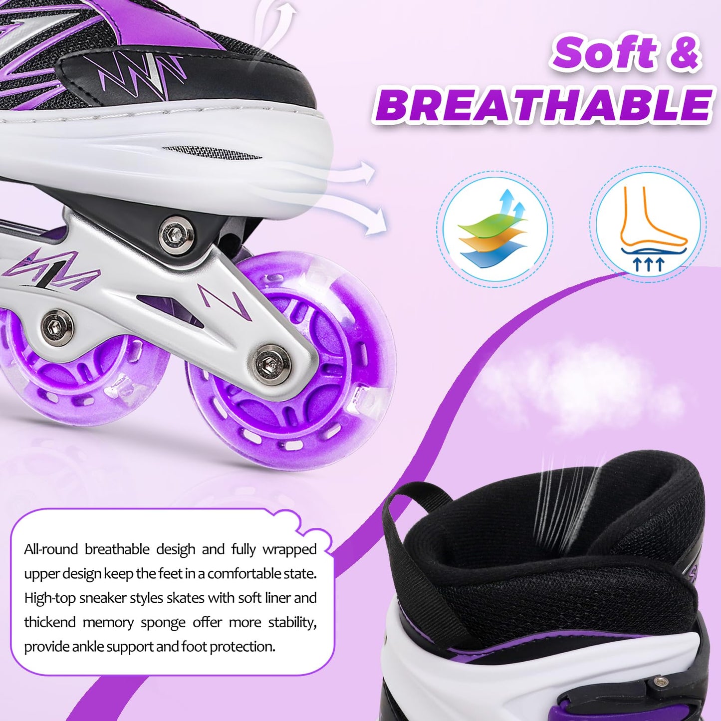 LEJIJIT Adjustable Inline Skates for Kids Girls Boys Children Beginners, Black & Purple Inline Roller Skates with Light Up Wheels for Kids and Youth for Indoors Outdoors Sports (Medium)