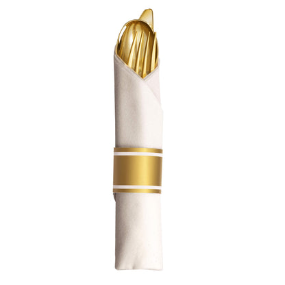 Prestee 50 Pre Rolled Gold Plastic Silverware Sets for Parties, 200pc Set, 50 Guests - Wrapped Disposable Silverware Set w/Forks, Knives, Spoons, White Napkins -Decorative Flatware for Party, Wedding