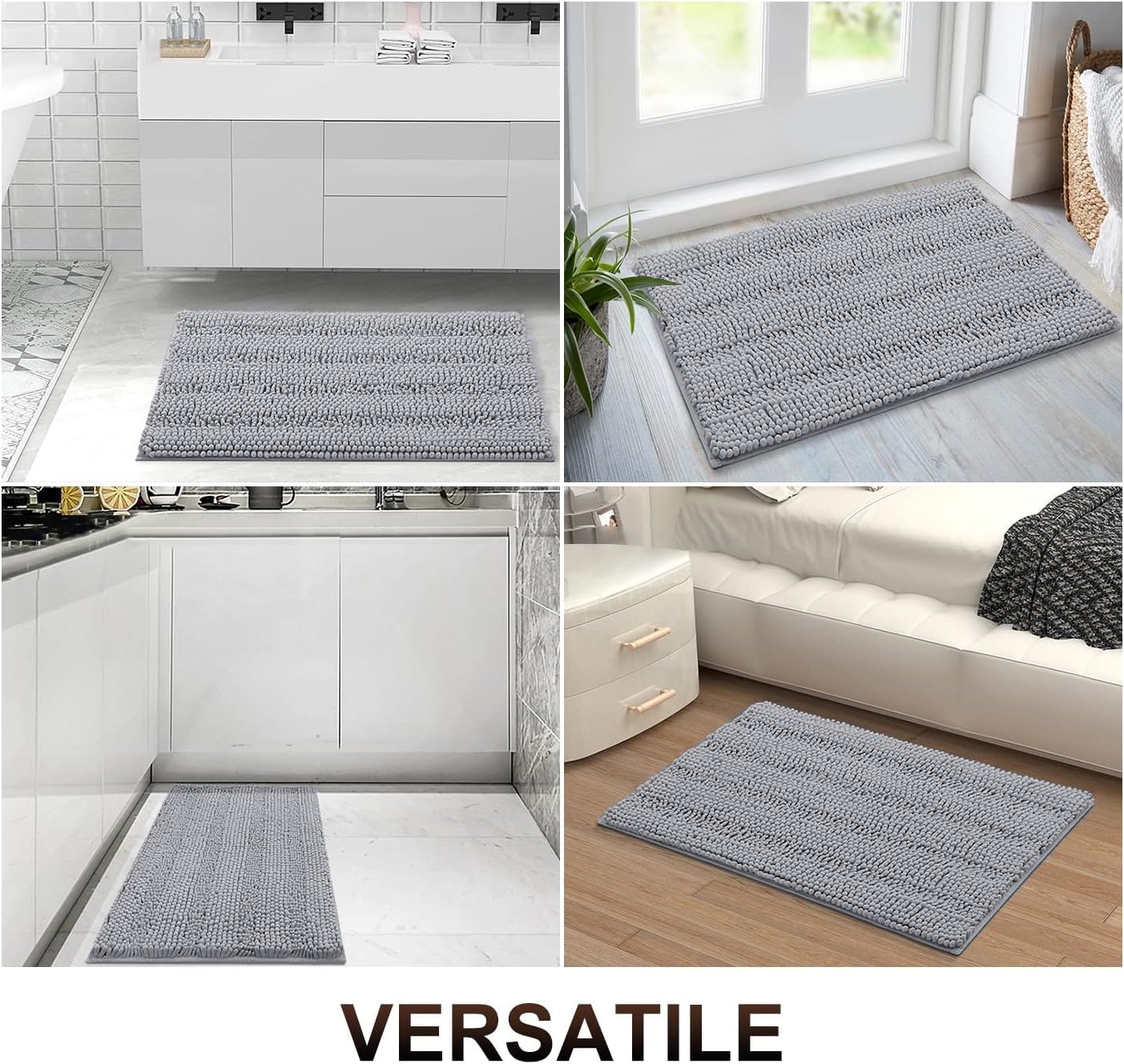 Grandaily Chenille Striped Bathroom Rugs 24x16, Extra Thick and Absorbent Bath Rugs, Non-Slip Soft Plush Shaggy Bath Carpet, Machine Wash Dry, Bath Mats for Bathroom, Grey