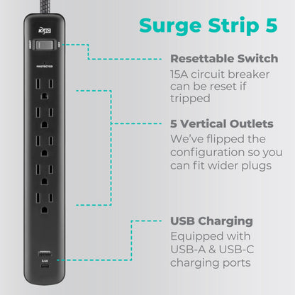 5-Outlet Surge Protector Power Strip with USB Ports