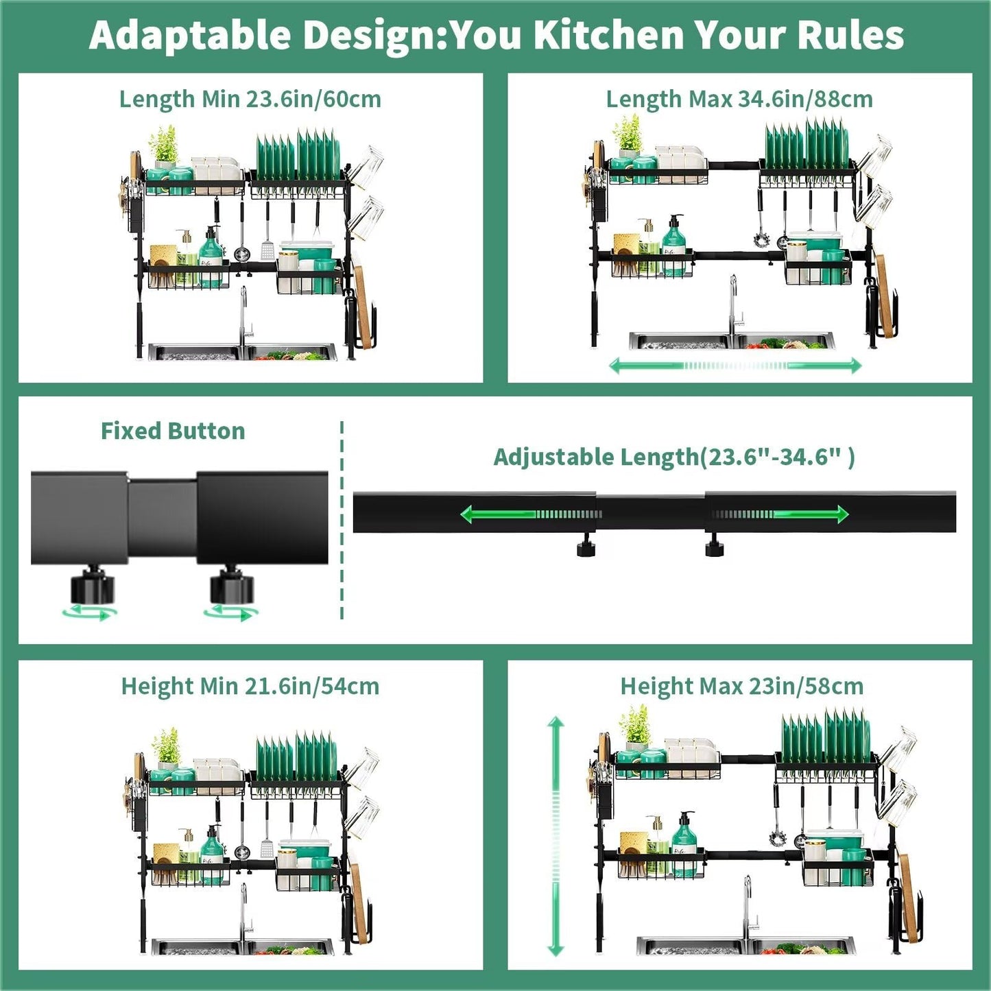 MOUKABAL Over The Sink Dish Drying Rack -Adjustable Over Sink Dish Rack- Length(25.9"-33.4")-Space-Saving -Multifunctional Over The Sink Dish Drainer Drying Rack for Kitchen Counter-Metal,Black