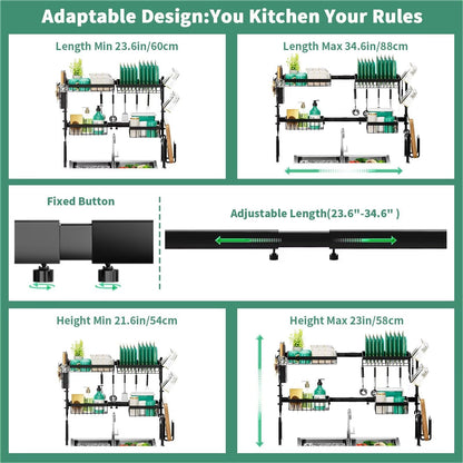 MOUKABAL Over The Sink Dish Drying Rack -Adjustable Over Sink Dish Rack- Length(25.9"-33.4")-Space-Saving -Multifunctional Over The Sink Dish Drainer Drying Rack for Kitchen Counter-Metal,Black