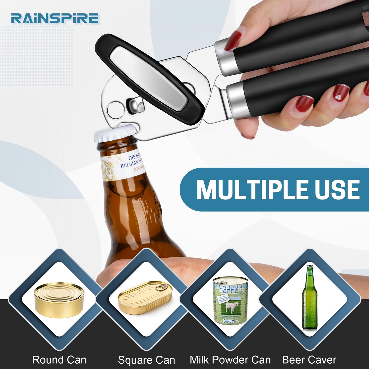 Rainspire Can Opener Manual Handheld Strong Manual Can Opener Smooth Edge Cut, Can Opener Heavy Duty, Comfortable Soft Handle, Built-in Bottle Opener, Black