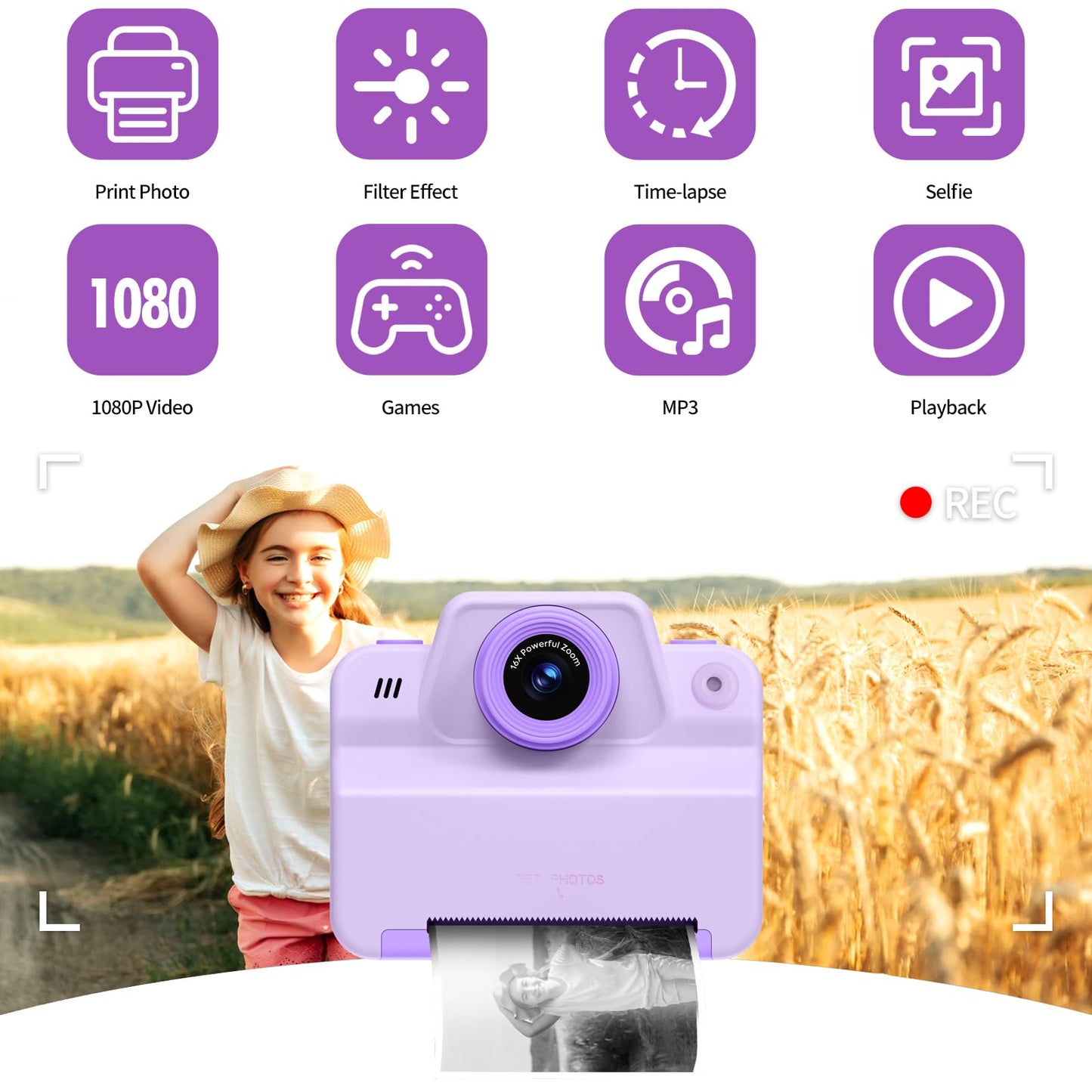 Kids Camera Instant Print Photos, Instant Print Camera for Kids Instant Camera Print Pictures Instantly, Toy Camera Instant Print Toddler Camera for Girls Boys 3 4 5 6 7 8 9 10 11 12 Years(Purple)