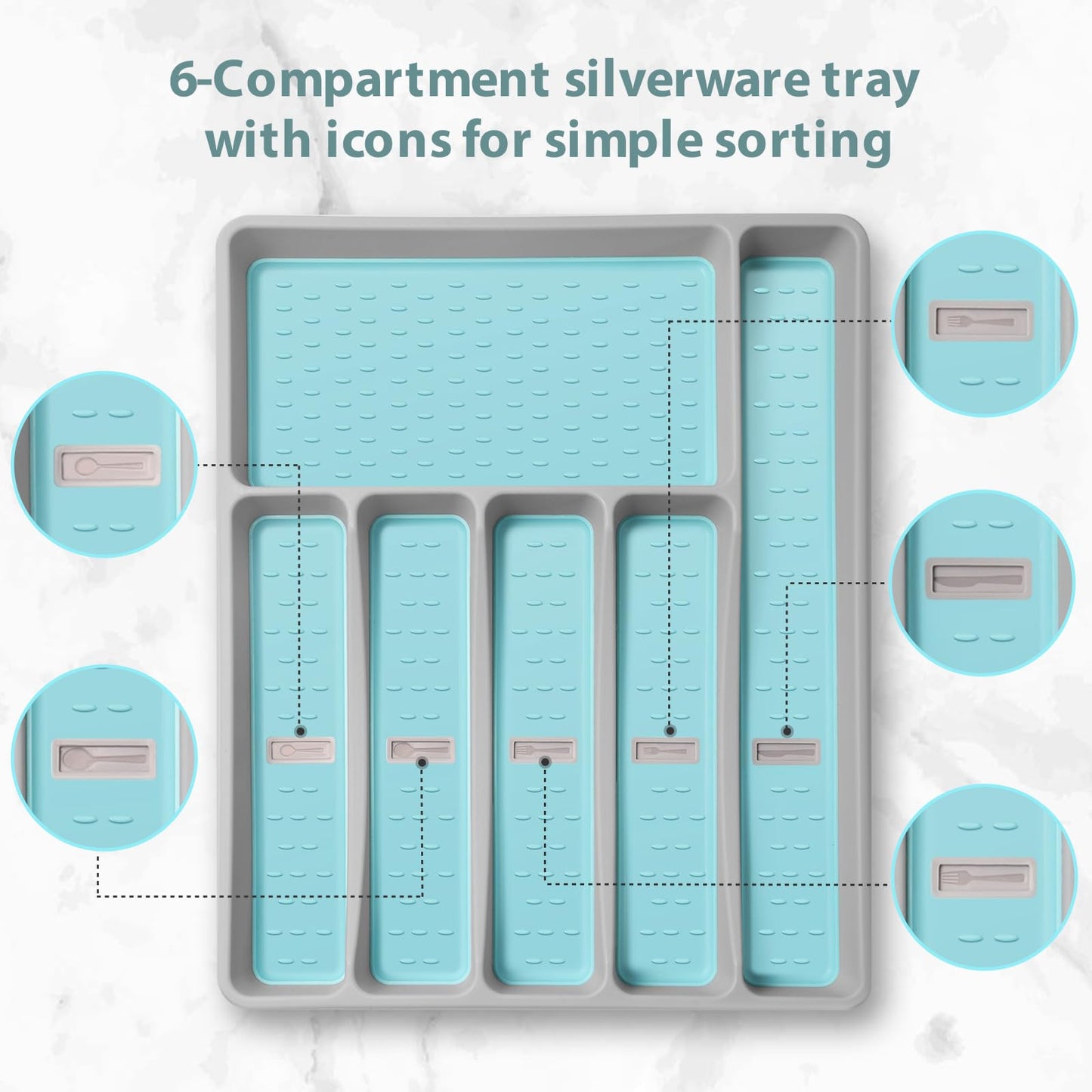 Joequality Silverware Organizer with Icons，Plastic Cutlery silverware Tray for Drawer，Utensil Tableware Flatware Organizer for Kitchen with Non-slip TPR,Fits Oversized Drawer,6-Compartment,Grey+Mint