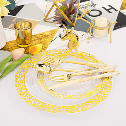 Clear Gold Plastic Plates Set for Parties