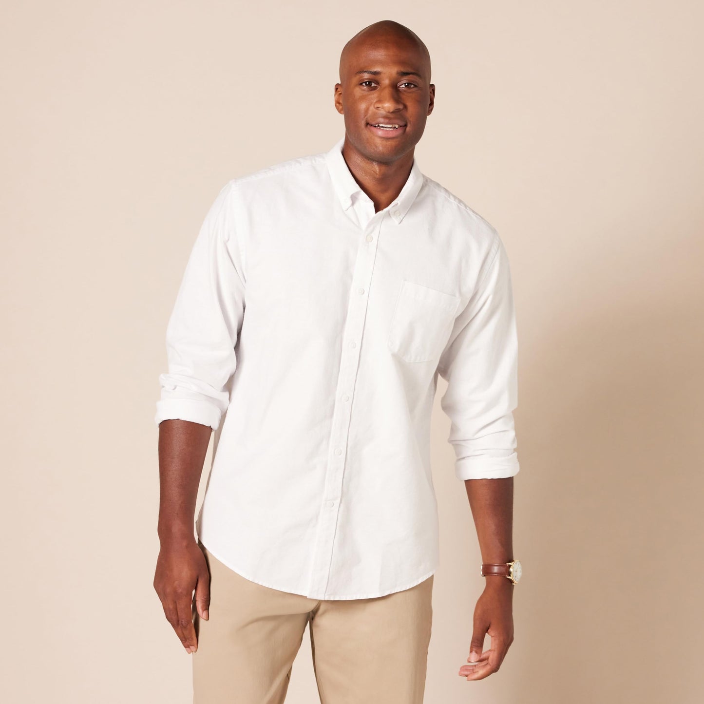 Amazon Essentials Men's Regular-Fit Long-Sleeve Pocket Oxford Shirt, White, Large