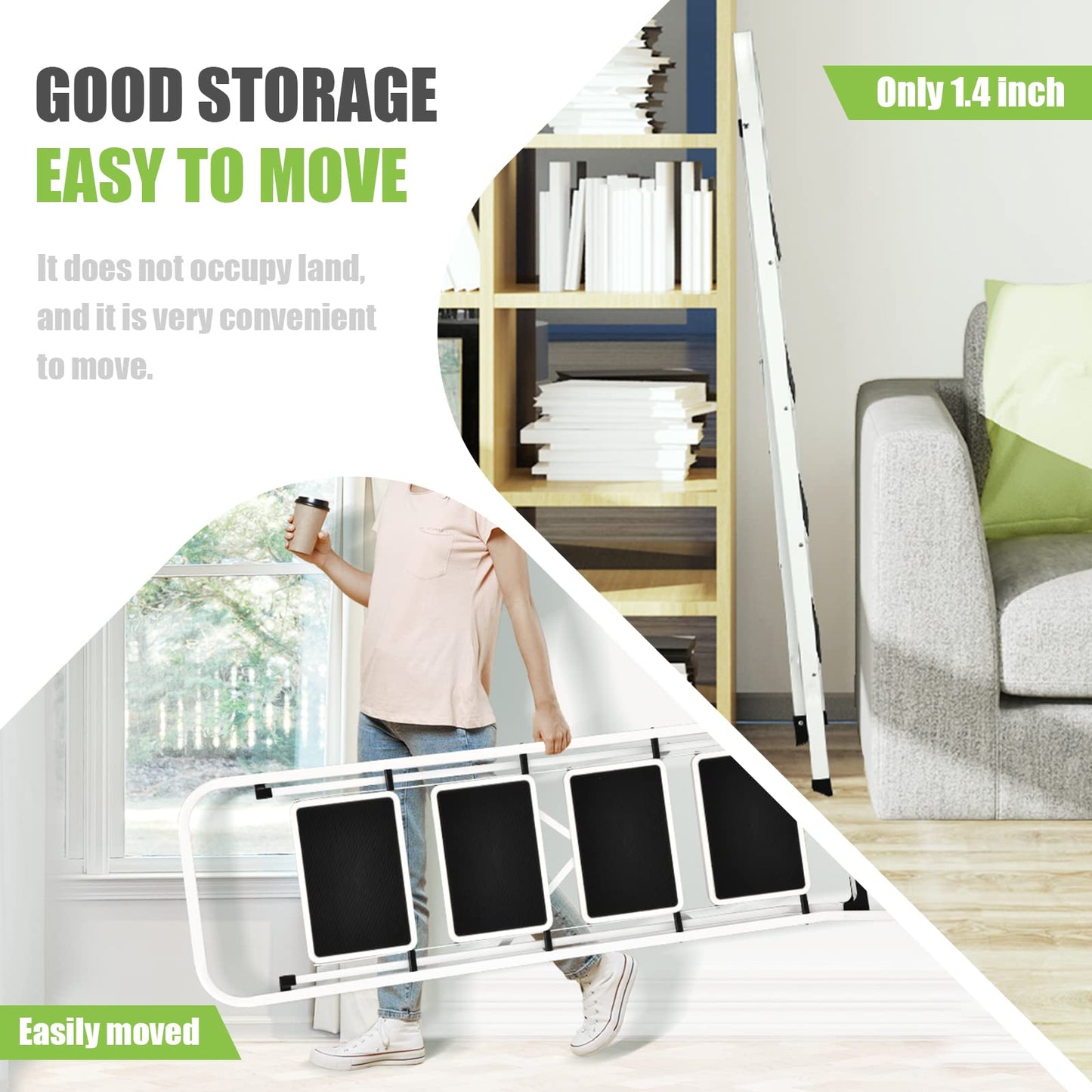 Soctone Step Ladder 4 Step Folding with Anti-Slip Pedal, Lightweight 4 Step Ladder with Handrails, 330 lbs Capacity Perfect for Kitchen & Household, White