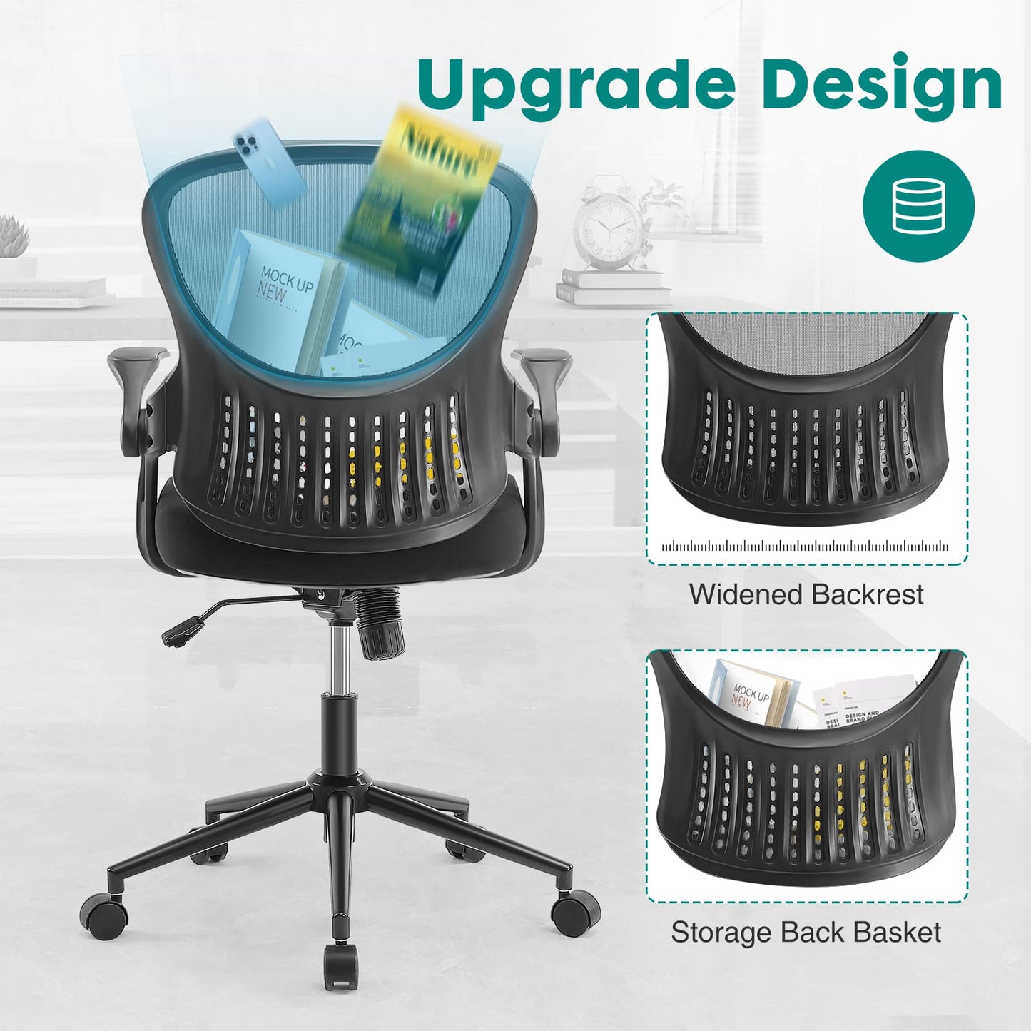 OLIXIS Office Chair - Ergonomic Flip-up Arm Home Office Computer Swivel Task Chair with Lumbar Support, Wide Seat, Thickened Cushion, Widened Backrest, Storage Back Basket, Darkblack (Z3519BK-2)