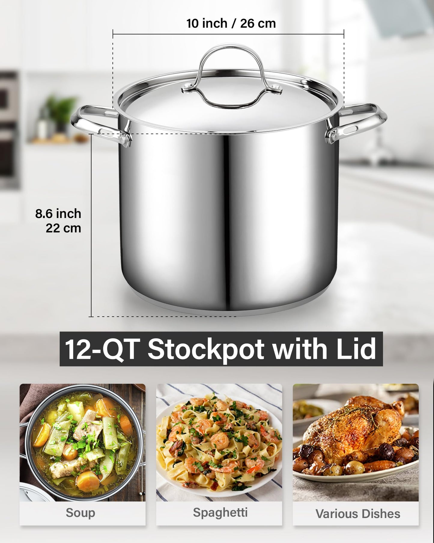 Cooks Standard 18/10 Stainless Steel Stockpot 12-Quart, Classic Deep Cooking Pot Canning Cookware with Stainless Steel Lid, Silver