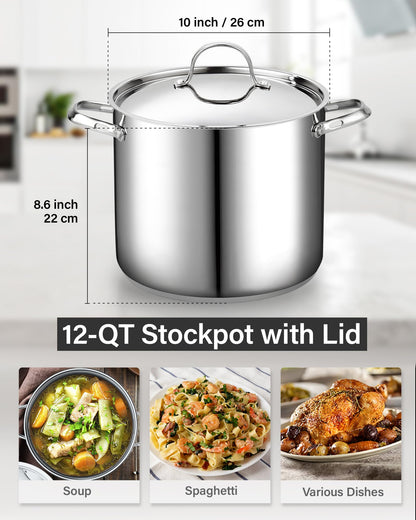 Cooks Standard 18/10 Stainless Steel Stockpot 12-Quart, Classic Deep Cooking Pot Canning Cookware with Stainless Steel Lid, Silver