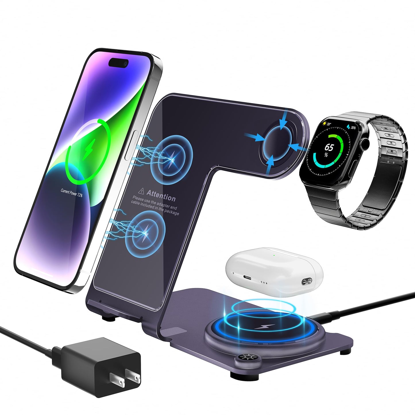 Wireless Charger, Aluminum Alloy 3 in 1 Wireless Charging Station for Apple iPhone/iWatch/Airpods,iPhone15 14,13,12,11 (Pro, ProMax)/XS/XR/XS/X/8(Plus),iWatch8/7/6/SE/5/4/3/2,AirPods 3/2/pro