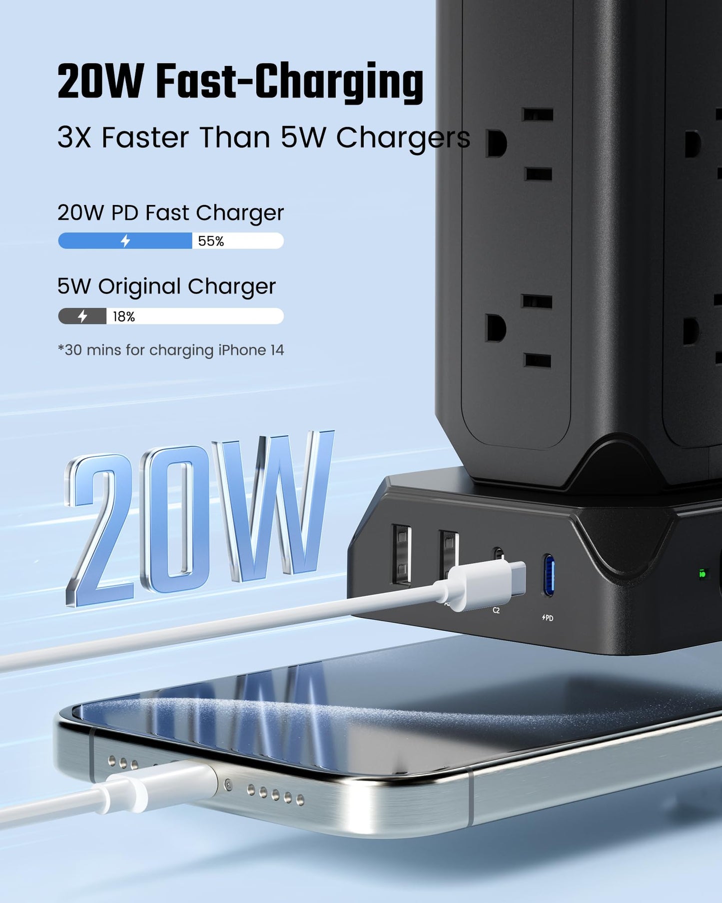 12-Outlets Power Strip Tower with USB Charging