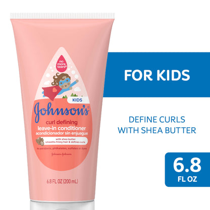 Johnson's Kids Curl Defining Leave-In Conditioner + Shea Butter, Tear-Free, Paraben-, Sulfate- & Dye-Free, Hypoallergenic & Gentle for Toddlers' Haircare, Bath Essentials, 6.8 fl. oz