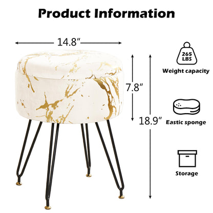 ALeesing Vanity Stool, Ottoman Make Up Stool with Large Storage, Round Footrest Footstools with 4 Metal Legs & Adjustable Footings for Living Room Bedroom Entryway- Beige