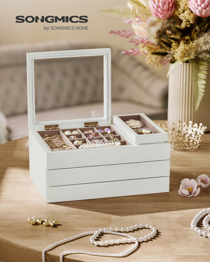 SONGMICS Wooden Jewelry Box with Clear Lid, 3-Layer Jewelry Storage Organizer, 2 Drawers, Small Removable Tray, Solid Wood Veneer, Velvet Lining, Floating Effect, Gift Idea, Snow White UJOW016W01