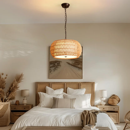7PMBEANE Rattan Chandeliers for Dining Room, 5-Lights Woven Wicker Boho Chandelier Light Fixture with Fabric Shade,Rustic Pendant Light for Kitchen Island Bedroom Living Room