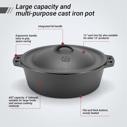 12 Inch Large Pre-Seasond Cast Iron Dutch Oven with Lid, Round Casserole Dishes for Oven,6QT Cookware