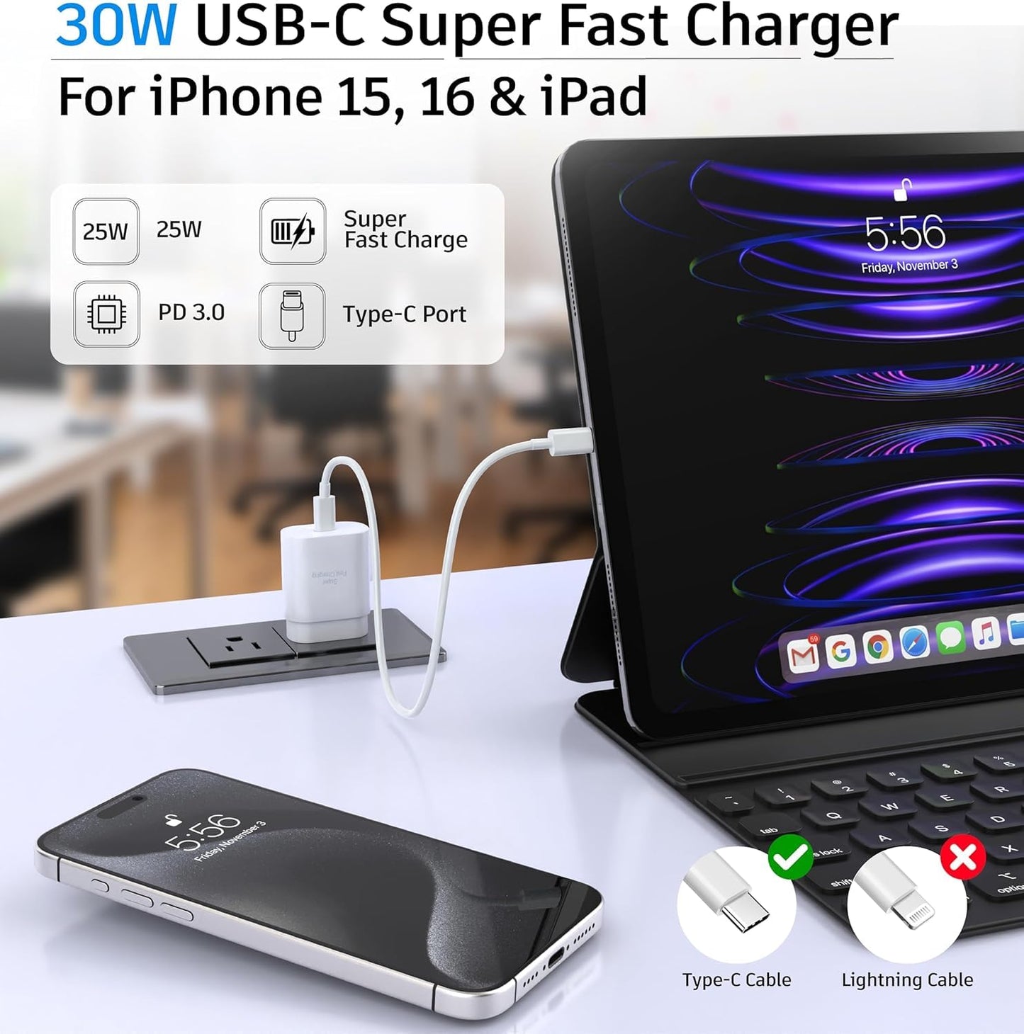 30W USB C Charger with 6ft Cable