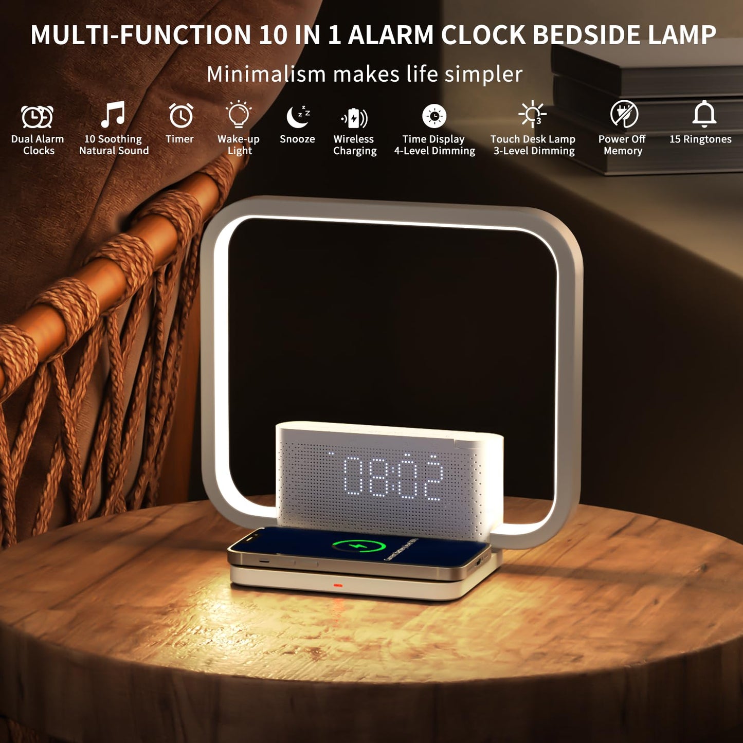 Sunrise Alarm Clock Bedside Table Lamp with Fast Wireless Charger Station for iPhone/Samsung,Wake Up Light Touch Desk Lamp with Snooze/Timer/10 Natural Sounds/3 Dimmable Nightstand Light for Bedroom