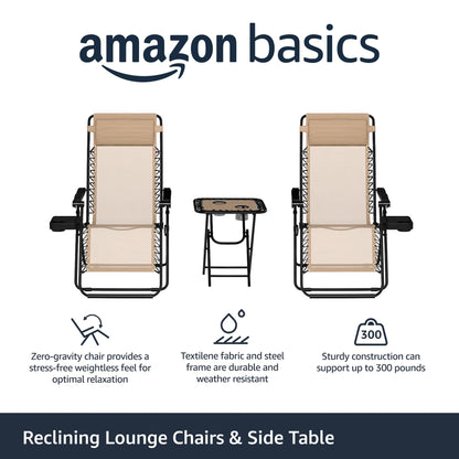 Amazon Basics Outdoor Mesh Adjustable Zero Gravity Lounge Chair Recliners with Side Table, 35 x 26 x 43 inches, Beige