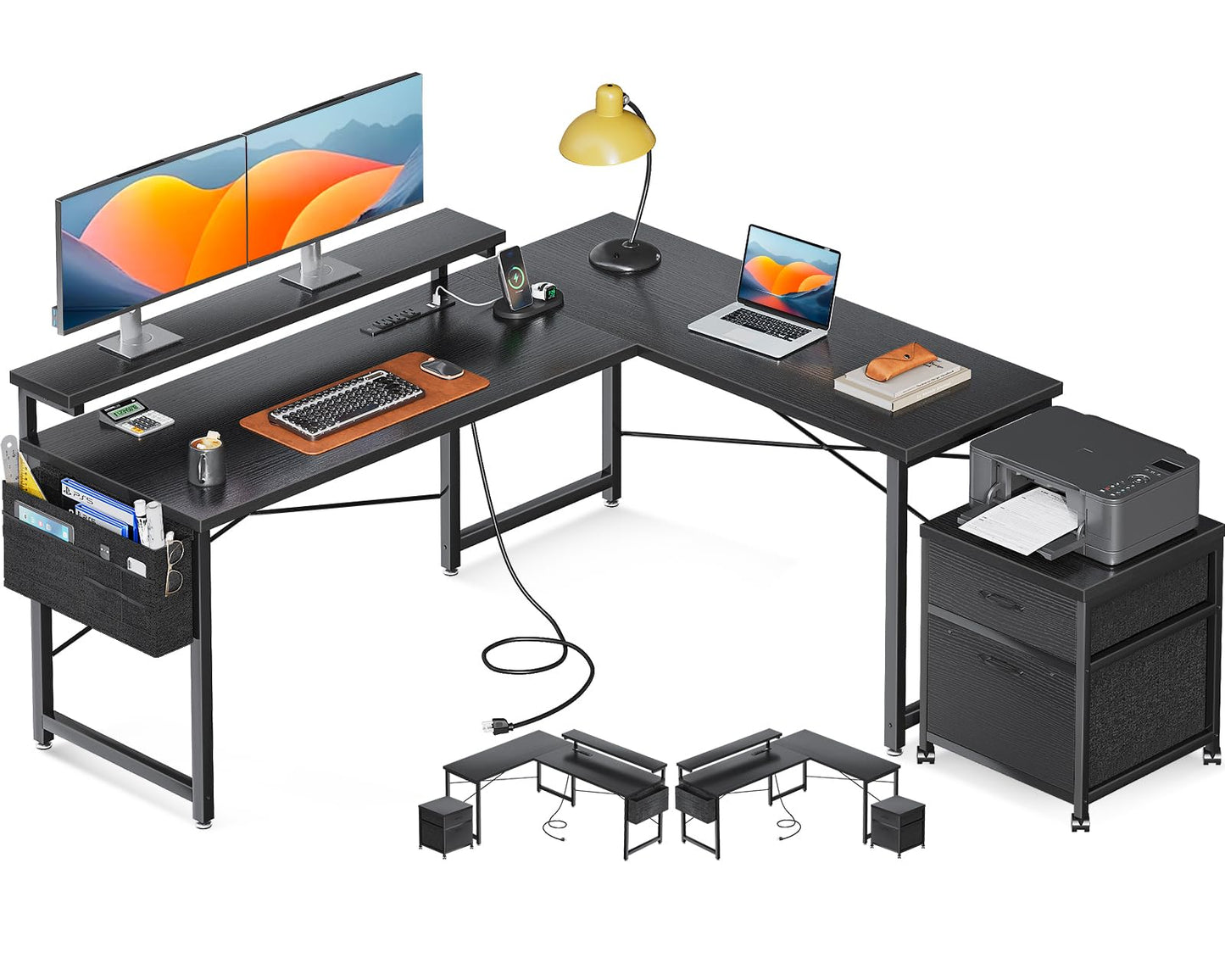 AODK L Shaped Computer Desk, 55" Office Desk with File Cabinet, Power Outlet and Adjustable Monitor Stand, Executive Home Office Furniture Set, Reversible Corner Desk with Storage Bag, Black