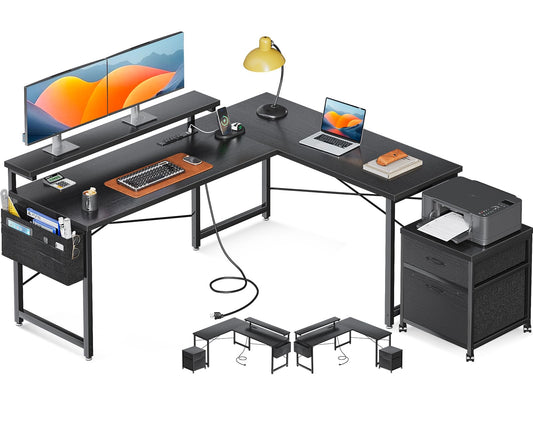 AODK L Shaped Computer Desk, 55" Office Desk with File Cabinet, Power Outlet and Adjustable Monitor Stand, Executive Home Office Furniture Set, Reversible Corner Desk with Storage Bag, Black