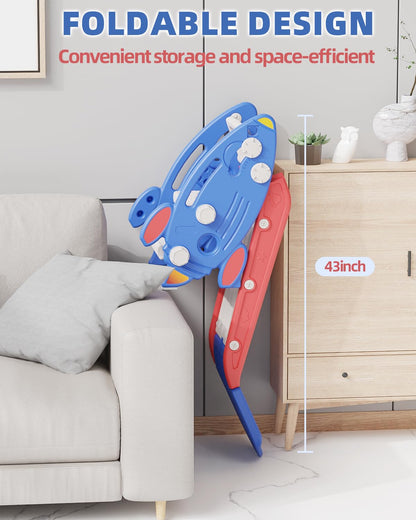 SYPEVIN Toddler Slide, Indoor Slide for Toddlers Age 1-3, Freestanding Kids Slide Climber Playset Toys with Basketball Hoop, Ideal Gift for Boys and Girls, Red Blue Rocket