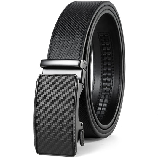Drowsmen Belt men,leather ratchet belt 1 3/8" with Comfort Click Sliding Automatic Buckle in gift box, Adjustable belt Trim to Fit (Carbon Fiber Black Belts, 36"-42" Waist Adjustable)