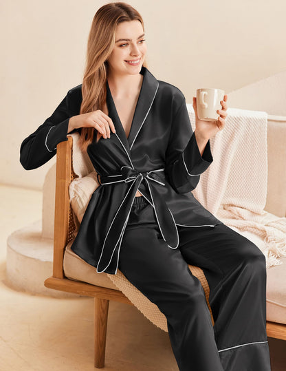 Ekouaer Satin Pjs for Women Set Silk Pajamas Set Long Sleeve Top with Pants Soft 2 Pieces Loungewear with Belt Black