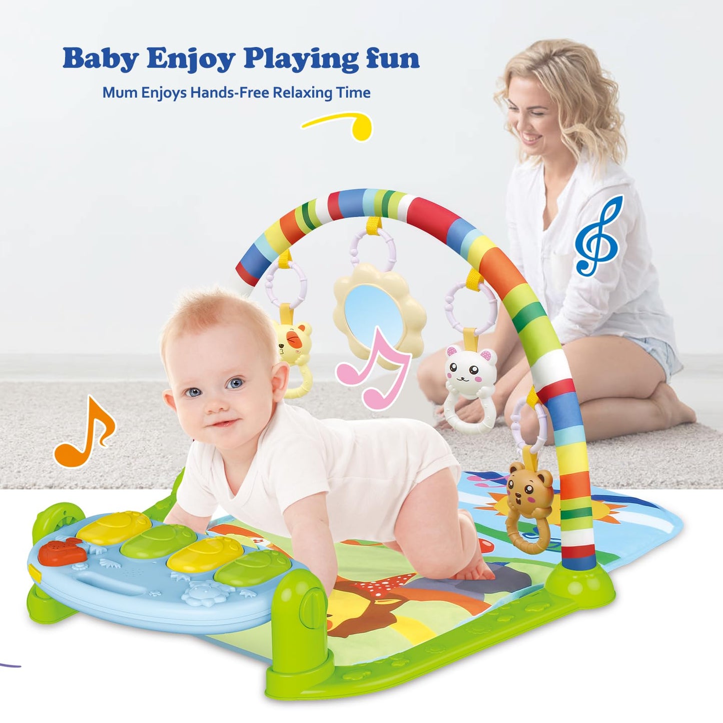 apyr aoma Tummy Time Mat Baby Play Mat, Play Piano Gym with Tummy Time Activity Mat, Musical Activity Center for Infants Toddlers with 5 Toys, Music and Lights Boy & Girl Gifts for Newborn