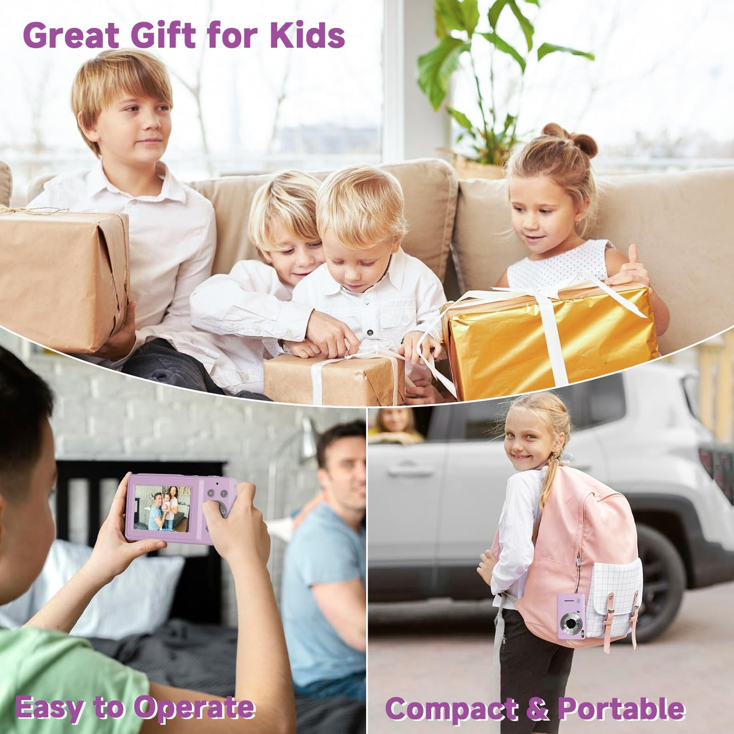 FHD 1080P Digital Camera for Kids, Purple