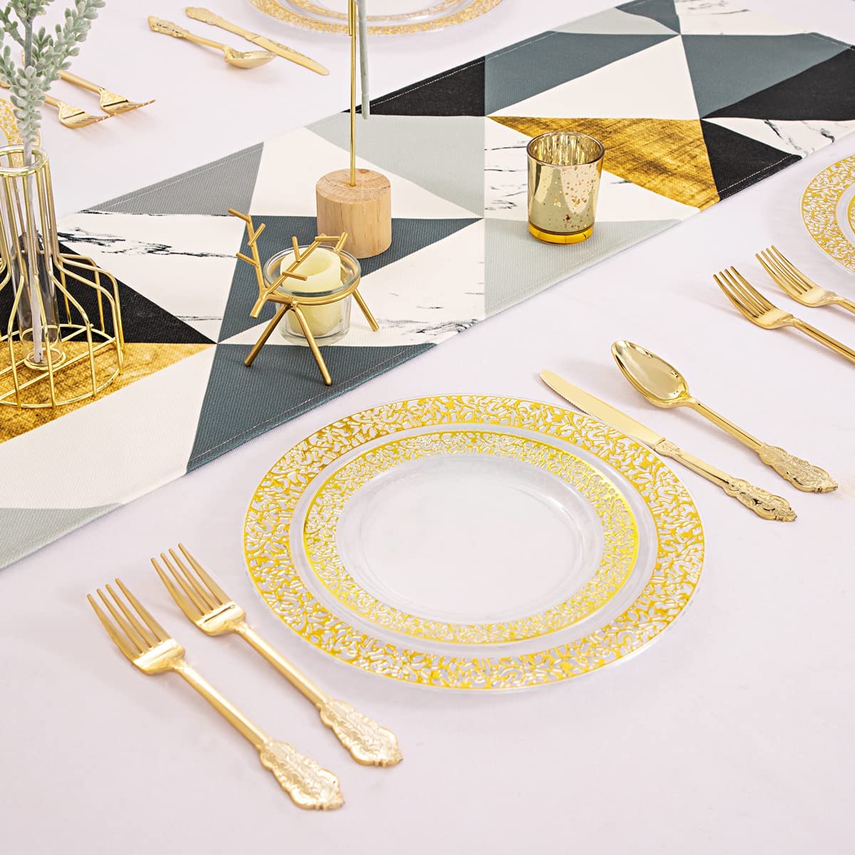 Clear Gold Plastic Plates Set for Parties