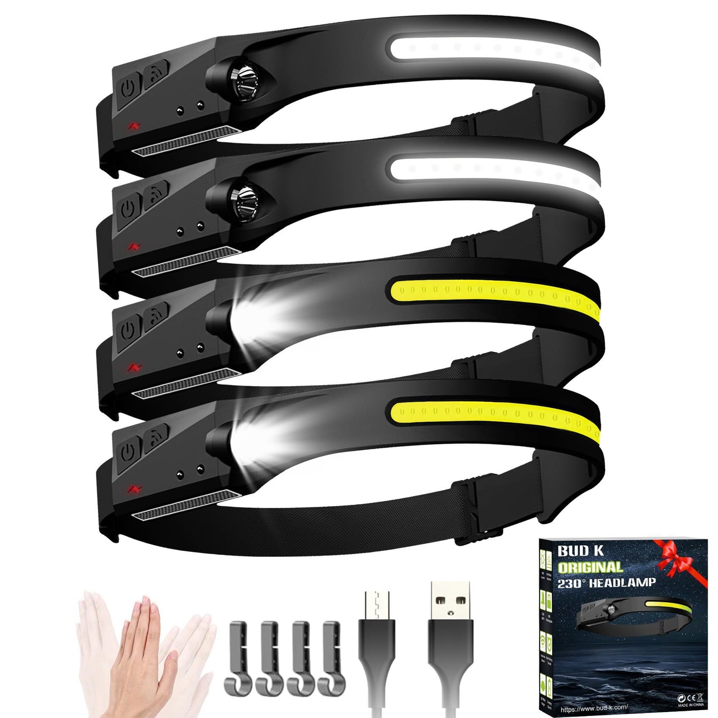 Rechargeable 4-Pack LED Headlamps with Motion Sensor