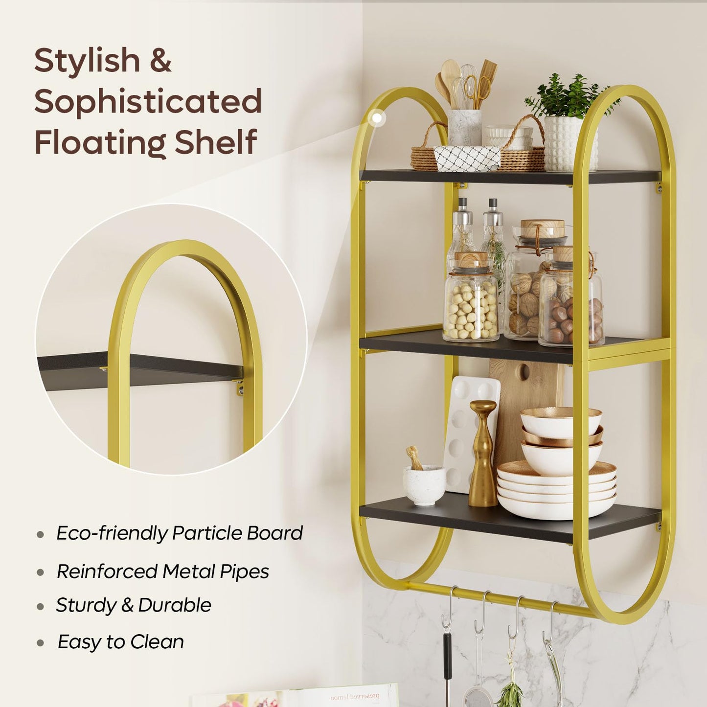 Bestier Floating Shelves for Wall, 3 Tier Wall Shelves for Bathroom with Towel Bar and Hooks, Bathroom Shelves Over Toilet, Classic Black