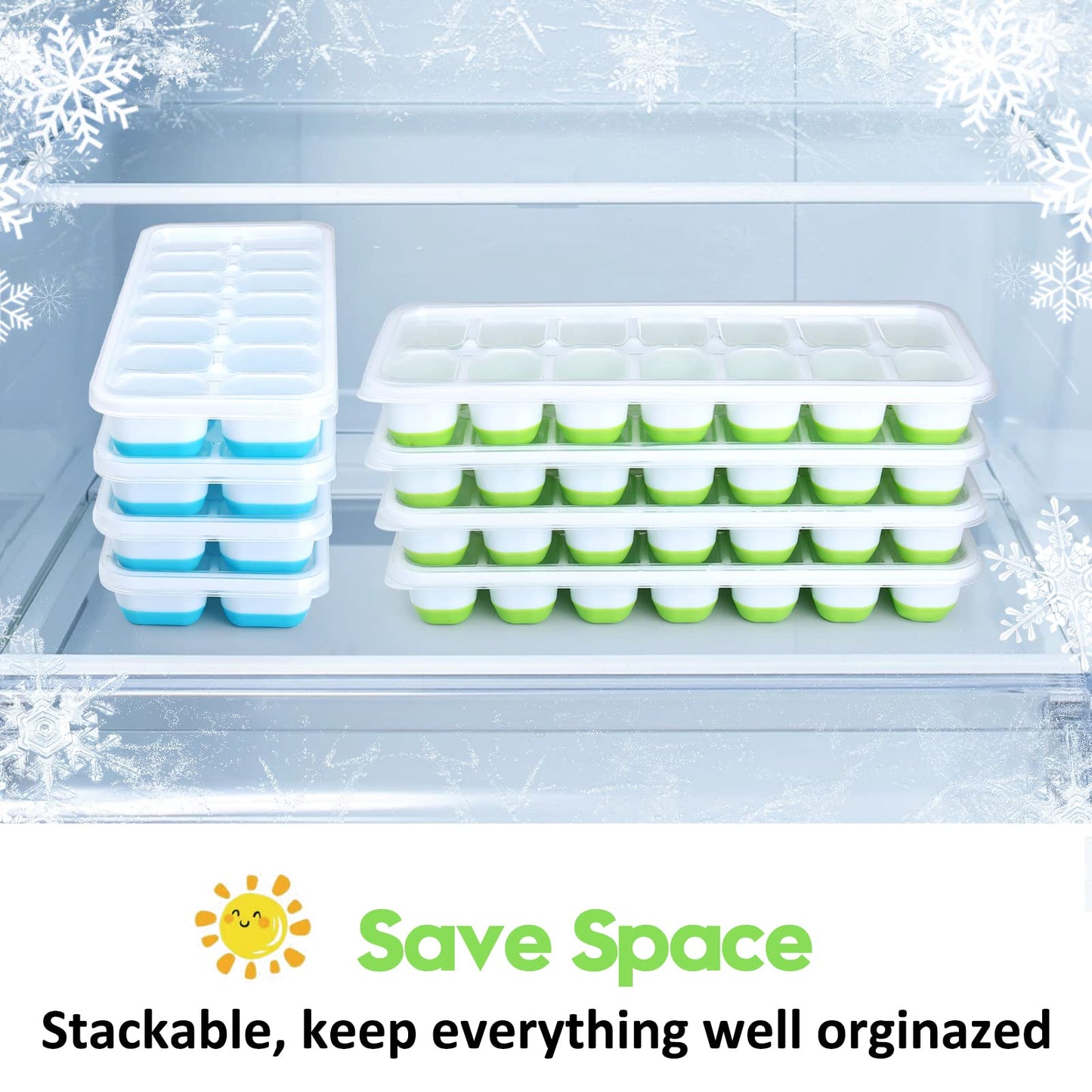 Jrisbo Silicone Ice Cube Tray, 4 Pack Easy-Release & Flexible 14-Ice Cube Trays with Spill-Resistant Removable Lid, Stackable Ice Trays with Covers for Freezer, Cocktail, Blue and Green