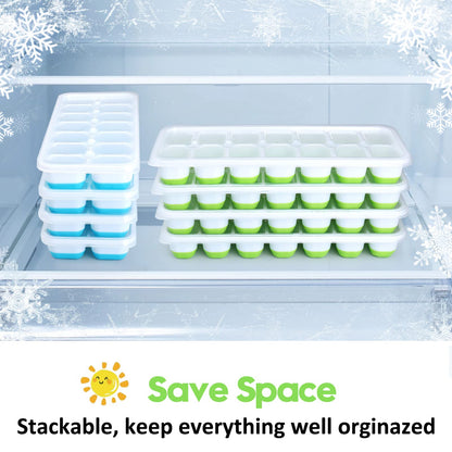 Jrisbo Silicone Ice Cube Tray, 4 Pack Easy-Release & Flexible 14-Ice Cube Trays with Spill-Resistant Removable Lid, Stackable Ice Trays with Covers for Freezer, Cocktail, Blue and Green