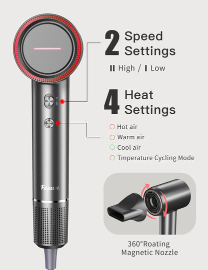 Fezax Negative Ionic High-Speed Hair Dryer with 11,0000 RPM Brushless Motor for Fast Drying, Professional Blow Dryer with Diffuser and Nozzle, Low Noise Hairdryer for Salon Home Travel, Black