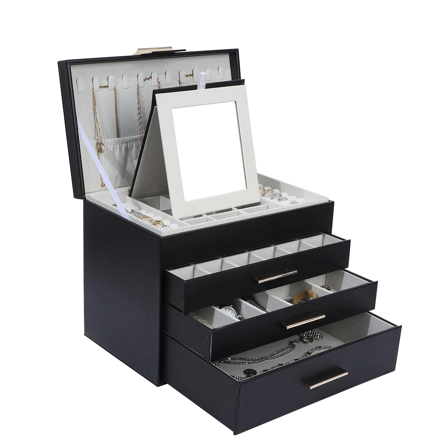 Tian Ye Zhou Large Jewelry Box for Women, 4 Layer Jewelry Holder Organizer with Necklace Hooks, White Jewelry Box for Earrings Necklace and Bracelet Storage Gifts for Her (Black)