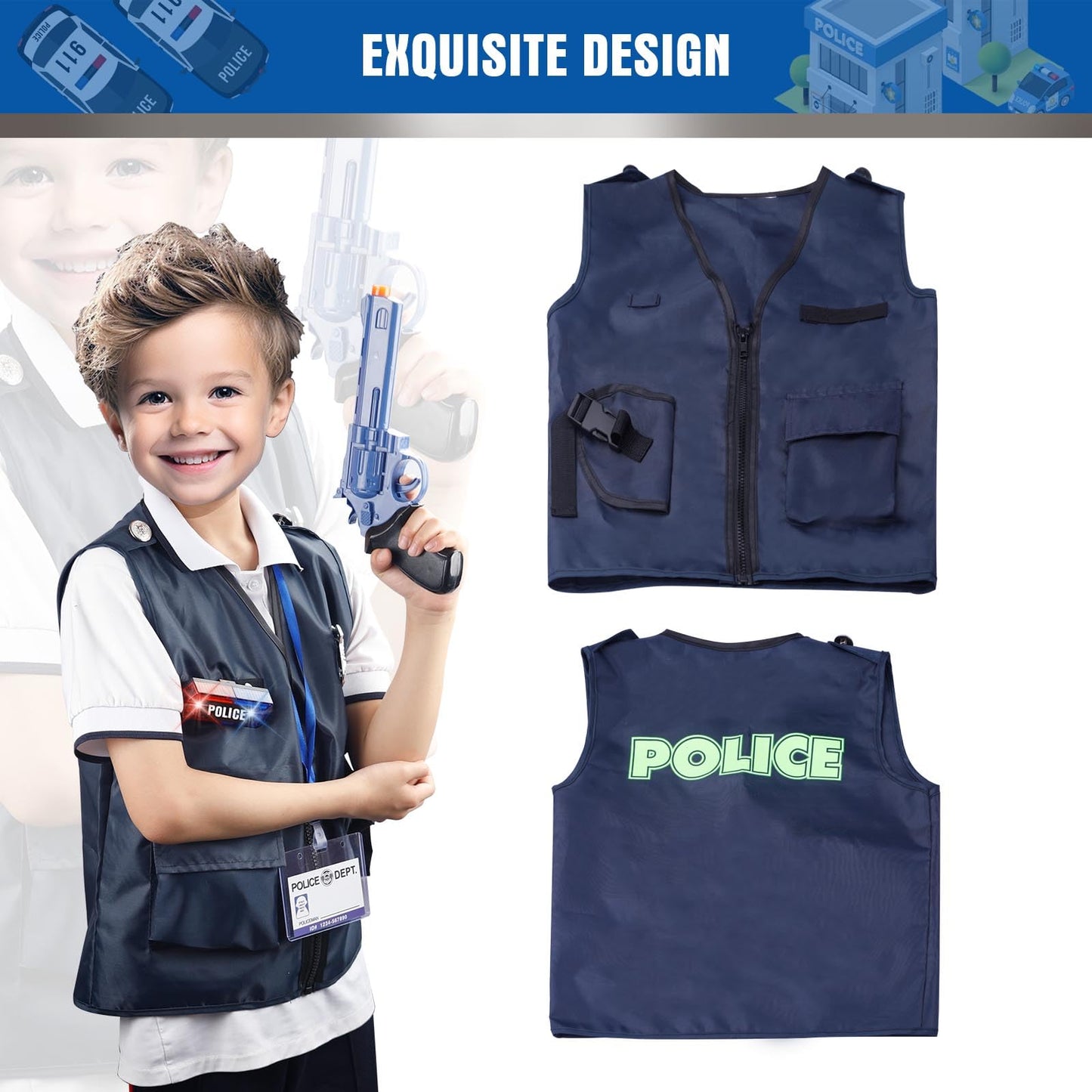 Lesheng space10 Pcs Police Officer Costume for Boys, Pretend Cop Uniform Outfit with Self-assembly police car, Policeman Role Play Dress Up for Halloween