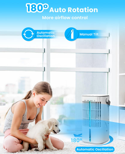 Latitop Portable Air Conditioners Fan, Air Cooler Evaporative 180°Auto Rotation, 3 Wind Speed, 2-4H Timer, Mini Cooling Fan for Room Home Bedroom Office