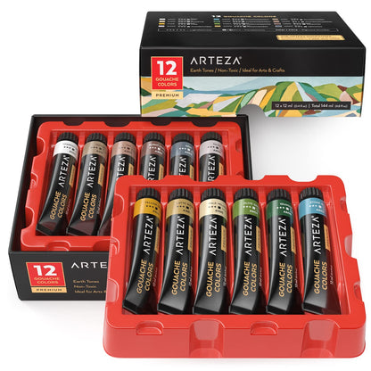 ARTEZA 12-Color Earth Tone Gouache Paint Set