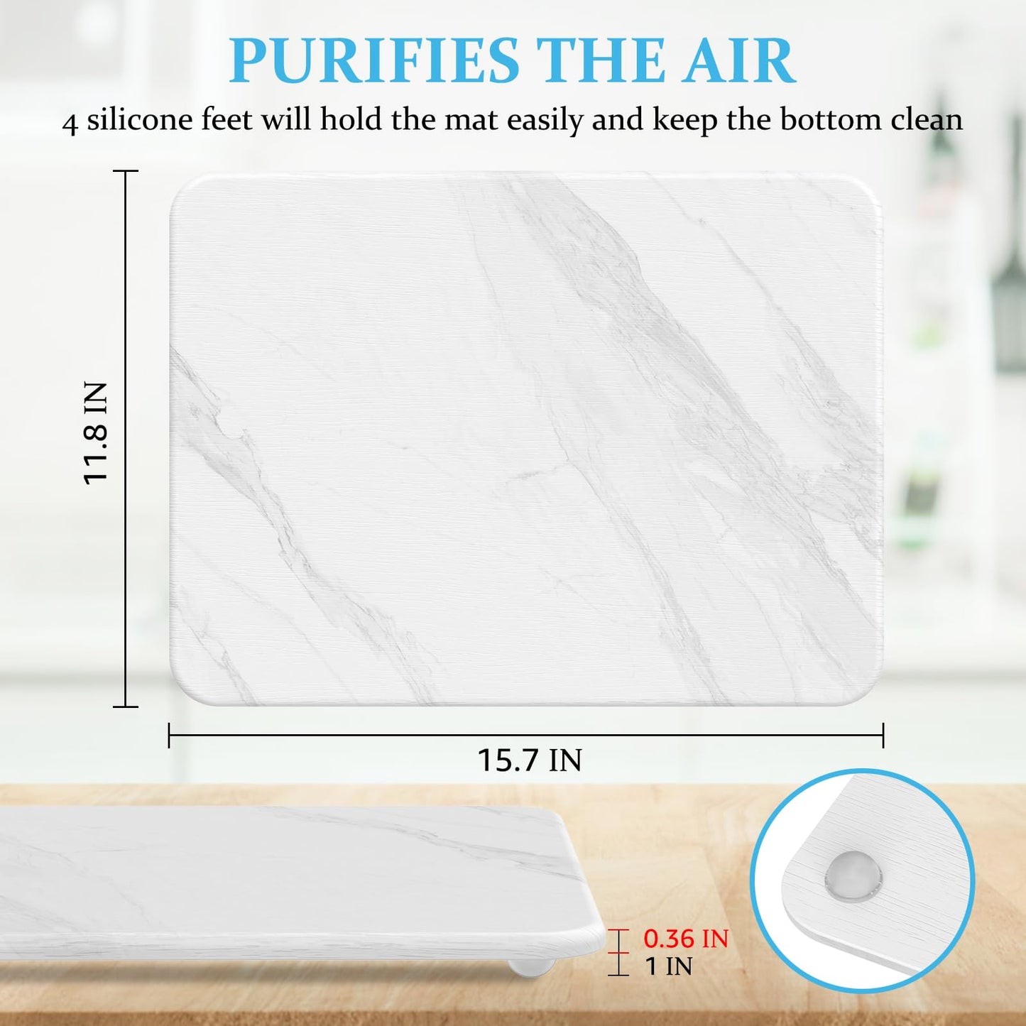 FLOKINICE Stone Dish Drying Mat for Kitchen Counter, Eco-Friendly Ultra Absorbent Heat Resistant Diatomaceous Earth Sink Tray Mat for Dish Bottles Cups & Pet Bowl (White Marble)