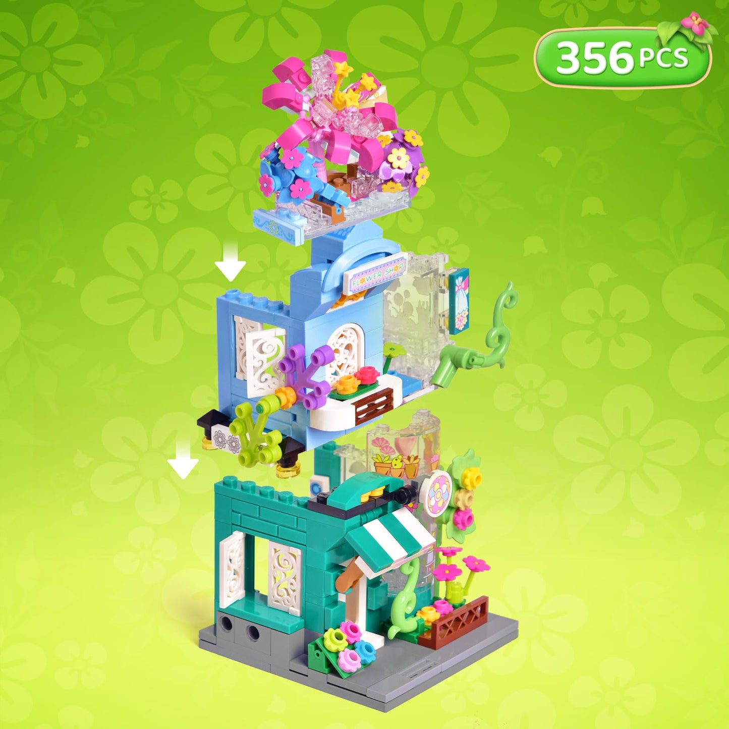 FUN LITTLE TOYS Friends Flower Shop House Building Set, City Street Florist Garden Creative Gifts for Kids Girls Boys Ages 6+ Mini Blocks (356Pcs)