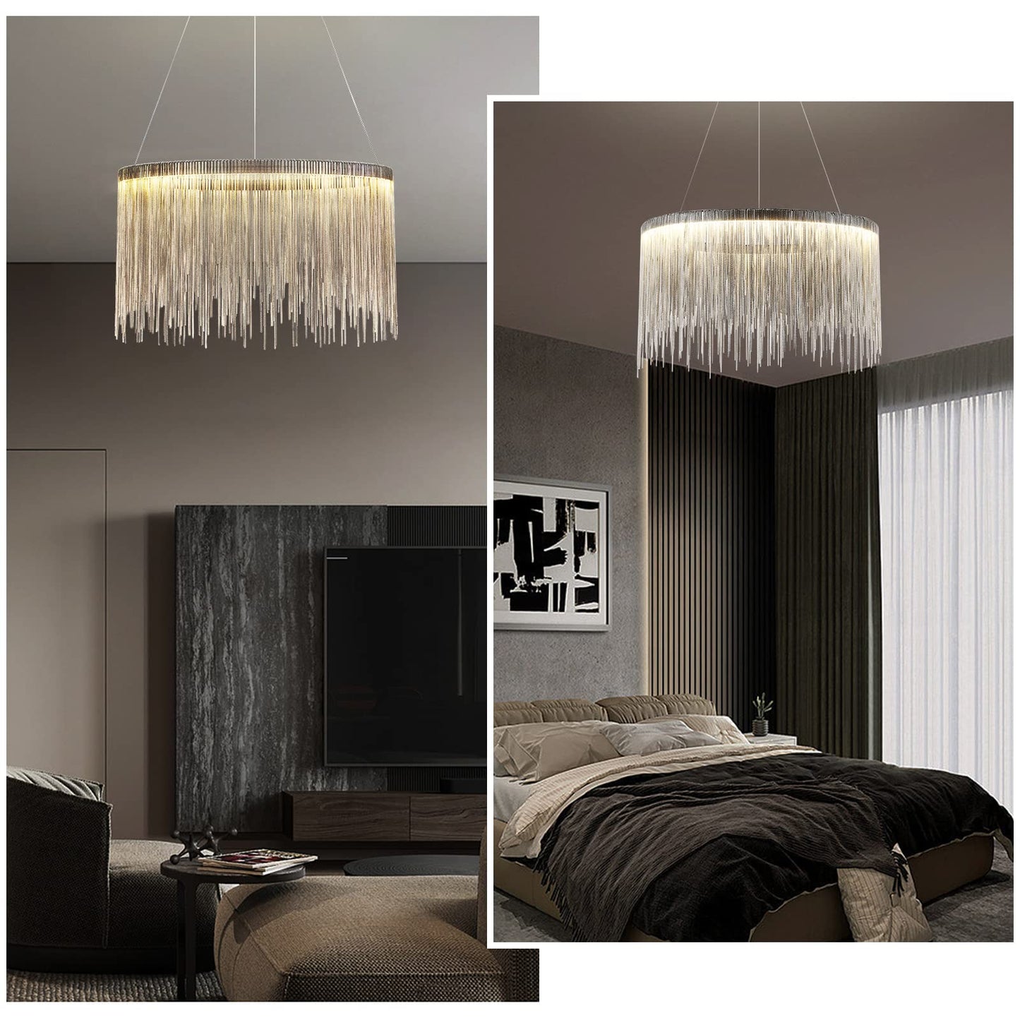 Siljoy Modern Round Aluminum Tassel Chandelier, LED Linear Chrome Chain Pendant Light Stainless Steel Ring Suspension Lighting Fixture for Dining Room Kitchen Island Dia 20" x H14