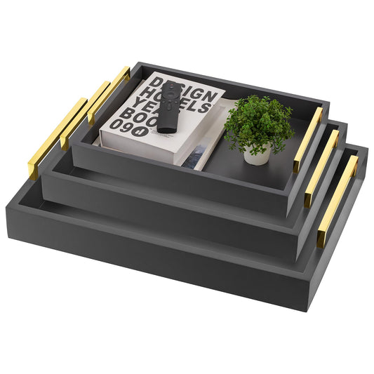 Hanobe Grey Decorative Trays for Coffee Table MDF Large Ottoman Tray for Living Room Bathroom Coffee Bar Decor Modern Tray with Gold Handles (Gray, 3)